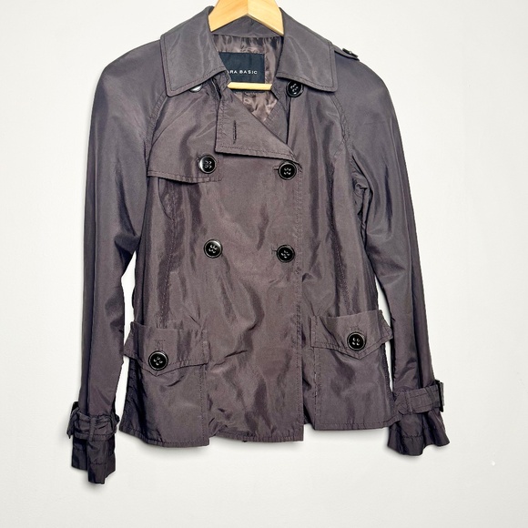 Zara Cropped Belted Chocolate Brown Trench Coat Sz L - Picture 1 of 6